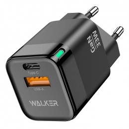 Сетевой зарядный блок WALKER WH-43 GaN, 3А, 33Вт, USB/Type-C, поддержка QC+PD, черный